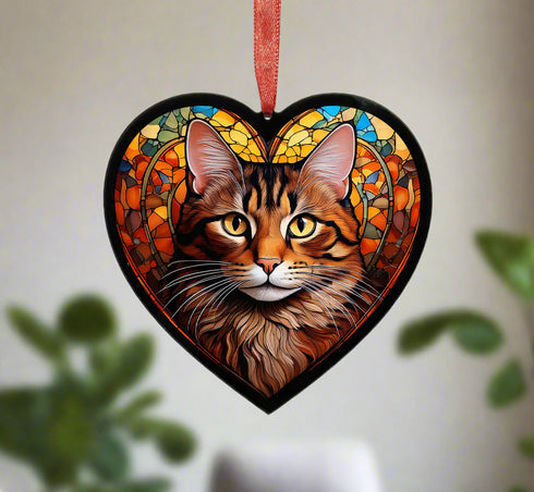 Tabby Cat Stained Glass Effect Heart Suncatcher